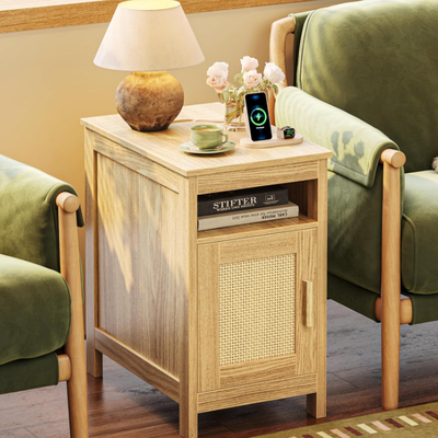 Narrow Night Stand, End Table with Charging Station, USB-C Port, Rattan Side Table with Cabinet and Open Shelf, Synthetic Rattan, for Small Spaces, Bedroom - 22" x 14.2" x 23.6"/Nature